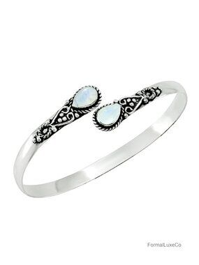 Silver Plated Natural Moonstone Bangle Cuff Bracelet Adjustable Open Handmade